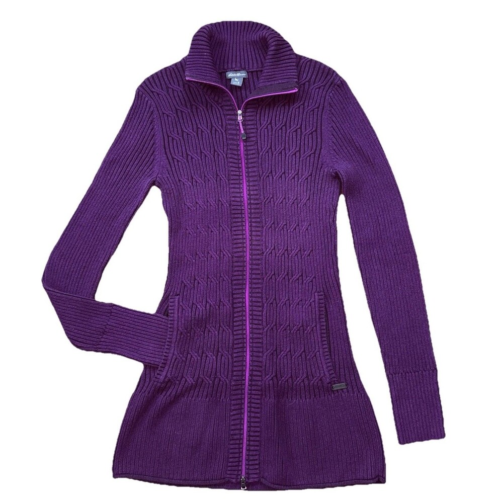 Eddie Bauer Sweater Women Small Purple Full Zip Tunic Cable Knit Rib Mock Neck